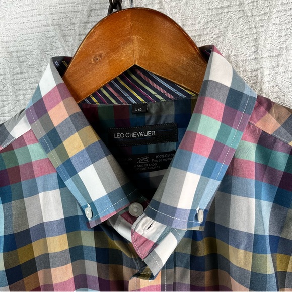 Leo Chevalier Men L Shirt Vtg Plaid Check Colorful Light Cotton No Iron Button - Picture 8 of 16